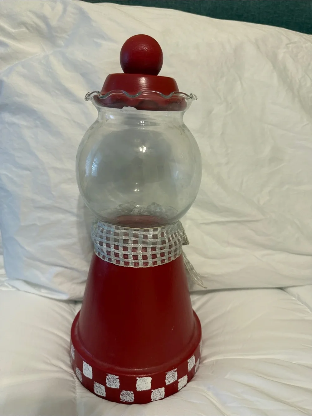 Red Decorative Glass Jar Vase with OU Accent and Checkered Base